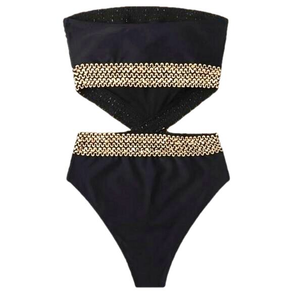 Cut-Out Black One-Piece Swimsuit w/ Gold Mesh Detail | NWOT | Small - Picture 3 of 9